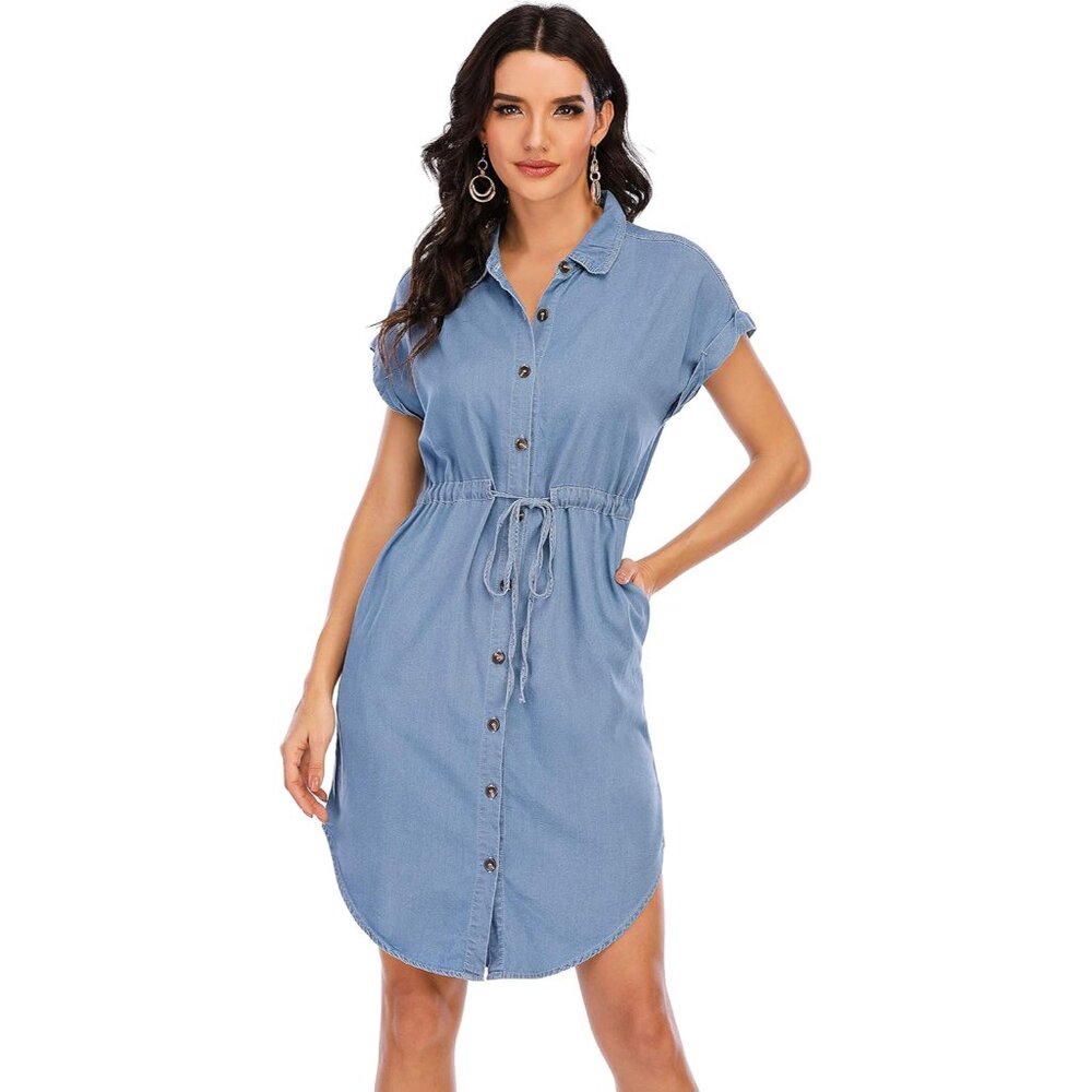 Women's Denim Cotton Shirt Dress Short Sleeves Knee Length Casual Fashion - Picture 1 of 6